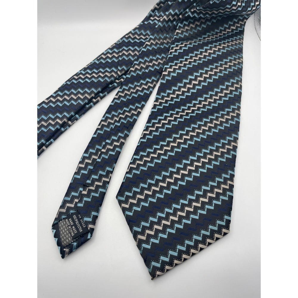 Colours Alexander Julian Mens Tie Blue Navy Silver Zig Zag Geometric Hand Made